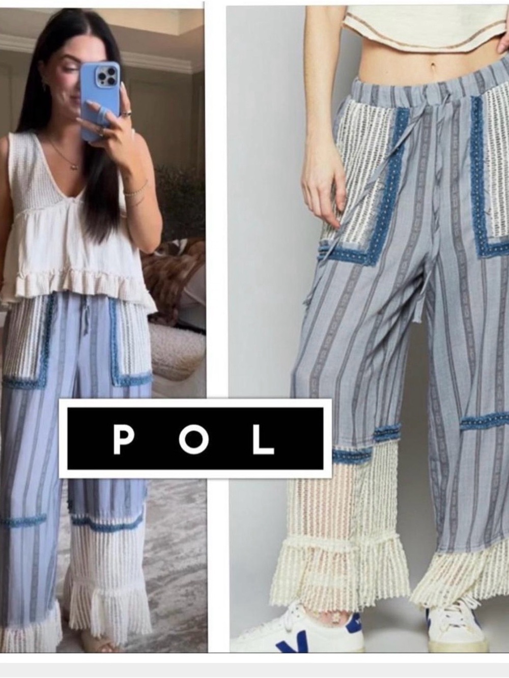 POL Blue and White Striped Wide-Leg Pants with Crochet Pockets